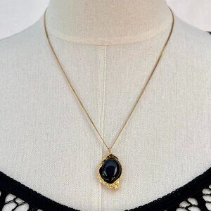 Large Black Onyx Pendant 20" Necklace 14K Gold Plated Dark Coquette / Whimsigoth